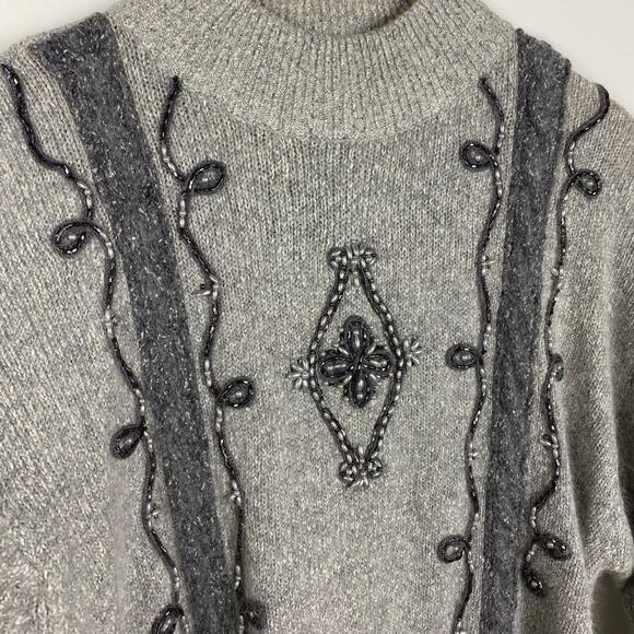 VTG Santoria Womens Beaded Sweater Size M Silk Blend Gray Ugly Christmas Glam - Picture 2 of 12